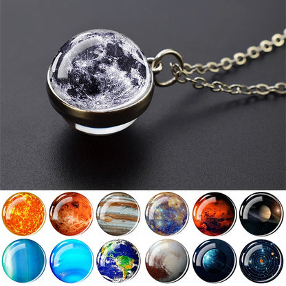 Colliers Pendentif Boule de Verre Double Face pour Homme et Femme, Système Solaire, Espace, Lune, Soleil, Terre