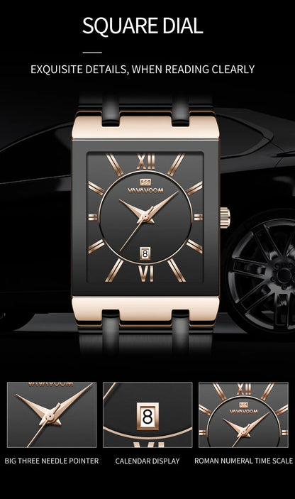 Montre de Luxe Rectangulaire en Acier Inoxydable pour Homme